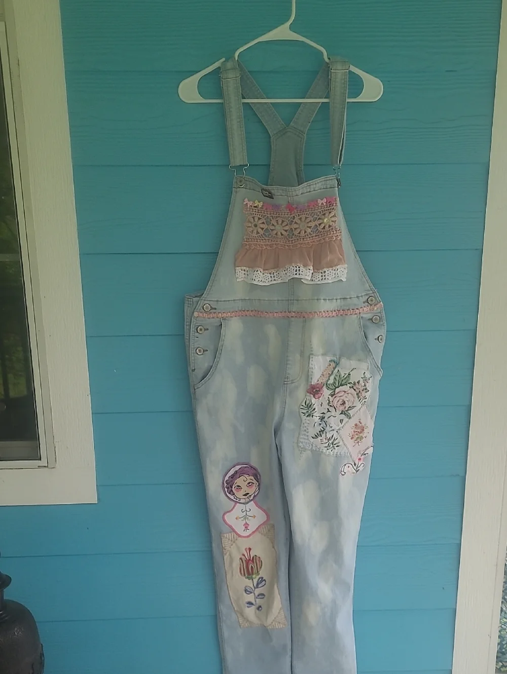 Light Wash Embroidered Women’s Denim Overalls with Pink Trim - Picture 1 of 12